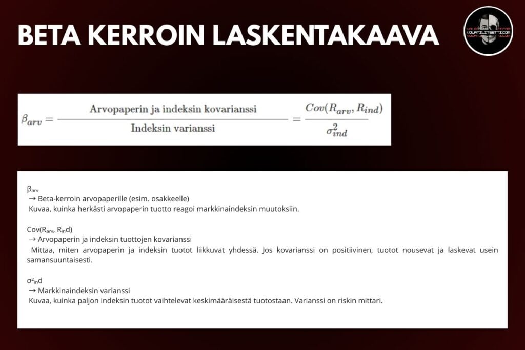 Beta-kertoimen kaava: arvopaperin ja markkinaindeksin kovarianssi jaettuna indeksin varianssilla. Esitetty muodossa β = Cov(R_arv, R_ind) / σ²_ind.